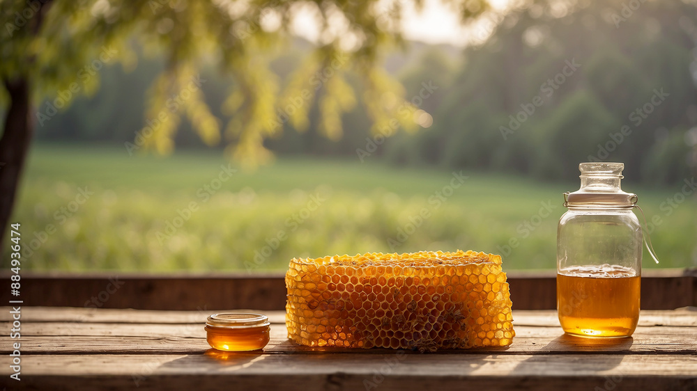 Rural Serenity Frame a rustic wooden table outdoors, adorned with fresh honeycomb and drizzled honey, set against a tranquil countryside backdrop Rural Serenity Frame a rustic wooden table outdoors, adorned with fresh honeycomb and drizzled honey, set against a tranquil countryside backdrop