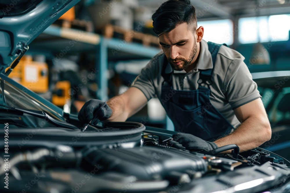 auto mechanic working with car engine in auto repair shop, service and maintenance concept auto mechanic working with car engine in auto repair shop, service and maintenance concept