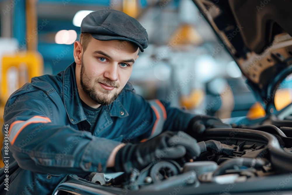 auto mechanic working with car engine in auto repair shop, service and maintenance concept auto mechanic working with car engine in auto repair shop, service and maintenance concept