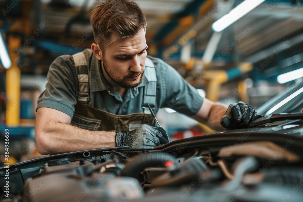 auto mechanic working with car engine in auto repair shop, service and maintenance concept auto mechanic working with car engine in auto repair shop, service and maintenance concept
