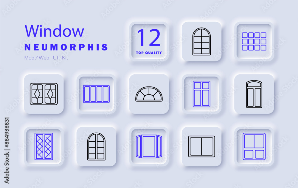 Window set icon. Arch window, bay, casement window, sliding window, double-hung, stained glass, grid, sash, transom, panel, fixed , dormer, ventilation, home architecture. Window set icon. Arch window, bay, casement window, sliding window, double-hung, stained glass, grid, sash, transom, panel, fixed , dormer, ventilation, home architecture.