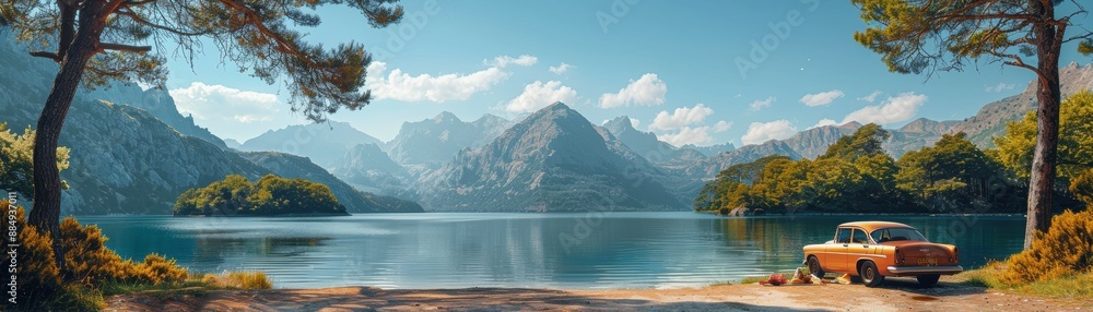 Serene lake surrounded by mountains and trees with a vintage car parked on the shore under a clear blue sky. Serene lake surrounded by mountains and trees with a vintage car parked on the shore under a clear blue sky.