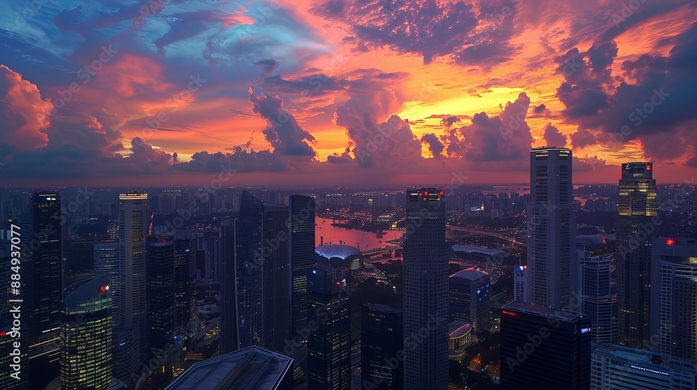 Obraz premium ION Sky, Orchard, Singapore, July 2016: A sunset panorama of Singapore city seen from the 55th floor observation deck of ION Sky in Orchard.