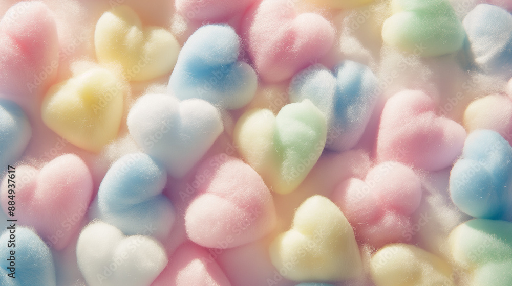 Pastel-colored heart-shaped cotton candy puffs.