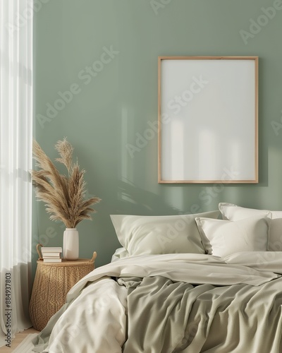 Photo of modern mockup poster frame in green bedroom, cozy home interior design, front view, close up shot, blank white canvas for artwork or painting, 