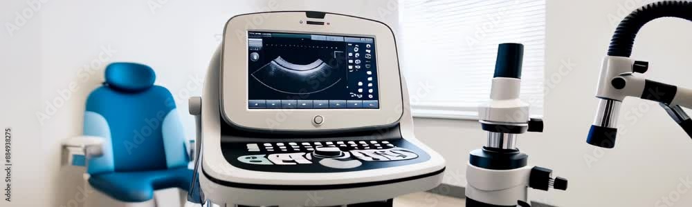 A modern medical examination room featuring a blue and white examination chair and a sophisticated ultrasound machine with a large monitor and various controls A modern medical examination room featuring a blue and white examination chair and a sophisticated ultrasound machine with a large monitor and various controls
