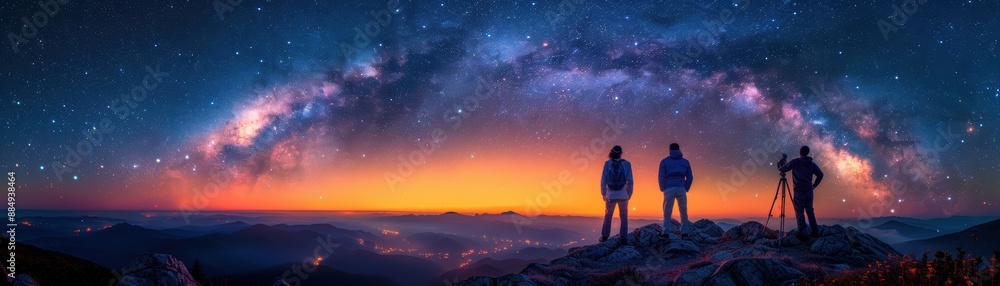 Three people stargazing under a vibrant Milky Way galaxy arch in a serene night sky over a mountainous landscape. Three people stargazing under a vibrant Milky Way galaxy arch in a serene night sky over a mountainous landscape.