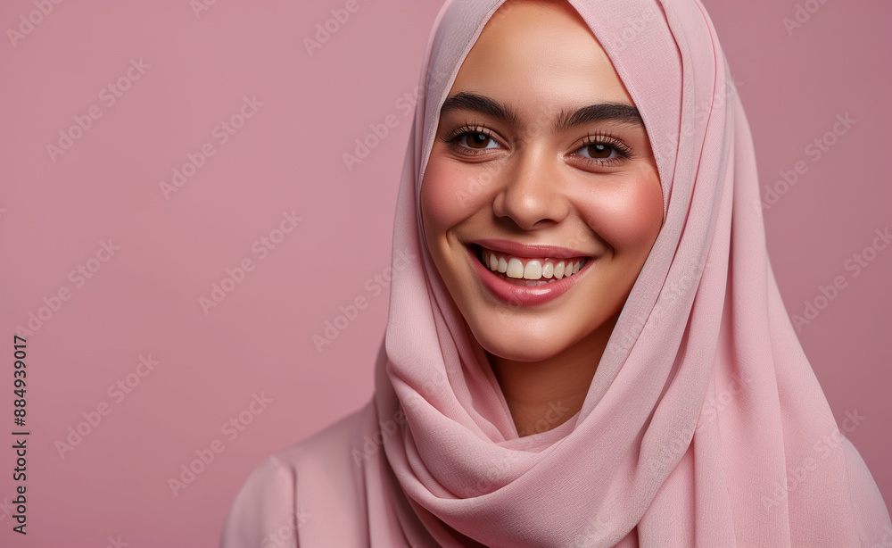 Woman in a pink hijab smiling against a matching pink background. Woman in a pink hijab smiling against a matching pink background.
