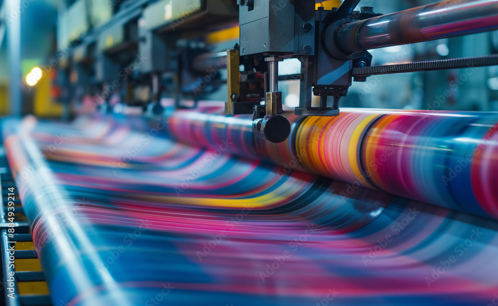 Printing press producing colorful sheets of material in a factory.
Printing press producing colorful sheets of material in a factory.