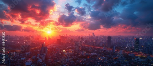 Sunset clouds with vibrant orange and pink hues over a cityscape in 4K. 