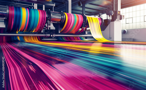 Printing press producing colorful sheets of material in a factory.
 photo