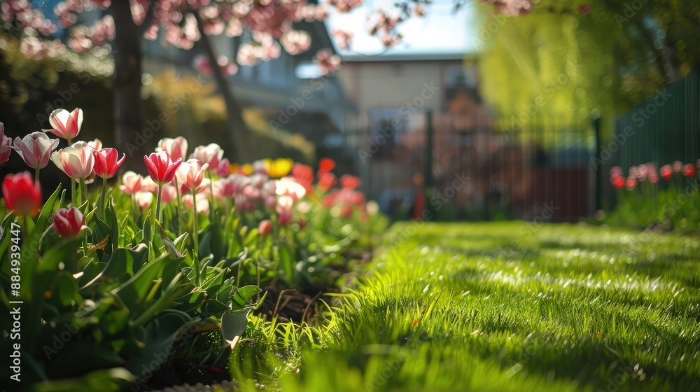 A school's seasonal flower display, featuring spring blooms such as cherry blossoms and tulips, complemented by freshly cut green grass, creating a picturesque learning environment. A school's seasonal flower display, featuring spring blooms such as cherry blossoms and tulips, complemented by freshly cut green grass, creating a picturesque learning environment.