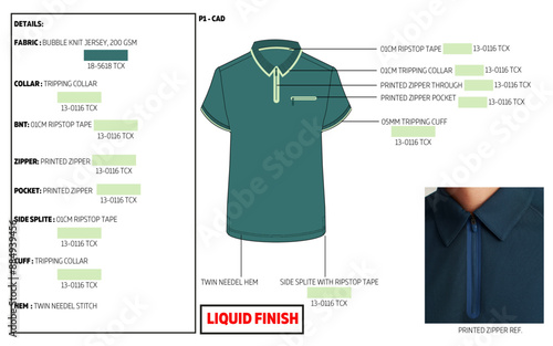 mens zip through long sleeve teal colour pique polo shirt tech pack vector. 