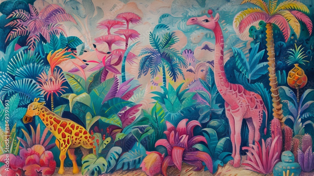 Obraz premium Colorful Giraffes in a Tropical Jungle