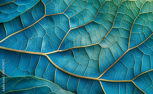 Detailed close-up of a blue leaf with intricate vein patterns. photo