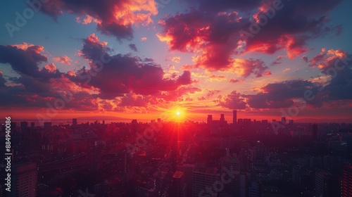 Sunset clouds with vibrant orange and pink hues over a cityscape in 4K. 