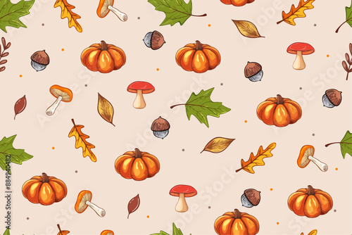 Autumn seamless Thanksgiving pattern with pumpkins, mushrooms, acorns and autumn colorful leaves, great for textiles, tablecloths, packaging, banners, wallpaper, Halloween.