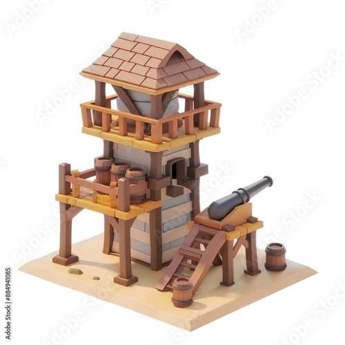 3D Render, Low Poly style of frontier fort with lookout towers and cannon, on isolated white background, Generative AI photo