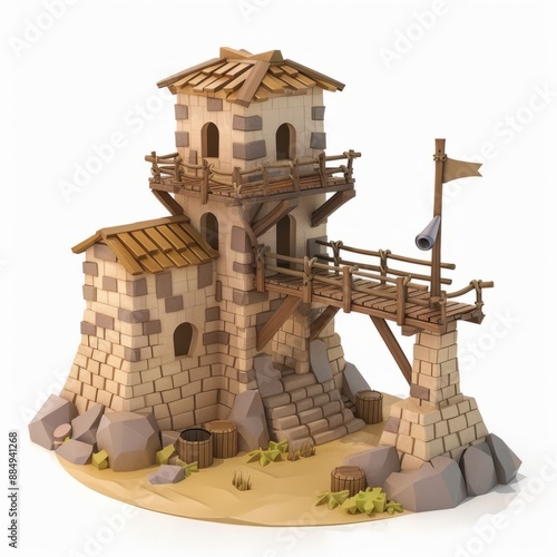 3D Render, Low Poly style of frontier fort with lookout towers and cannon, on isolated white background, Generative AI photo