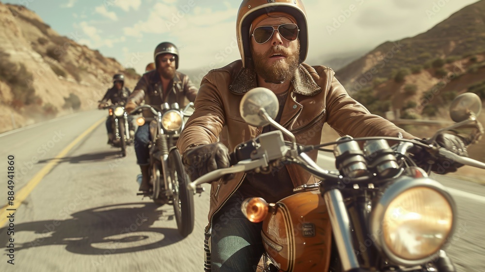 Motorcycle Riders Riding Down Road A group of motorcycle riders cruising down a winding road, each on a ...