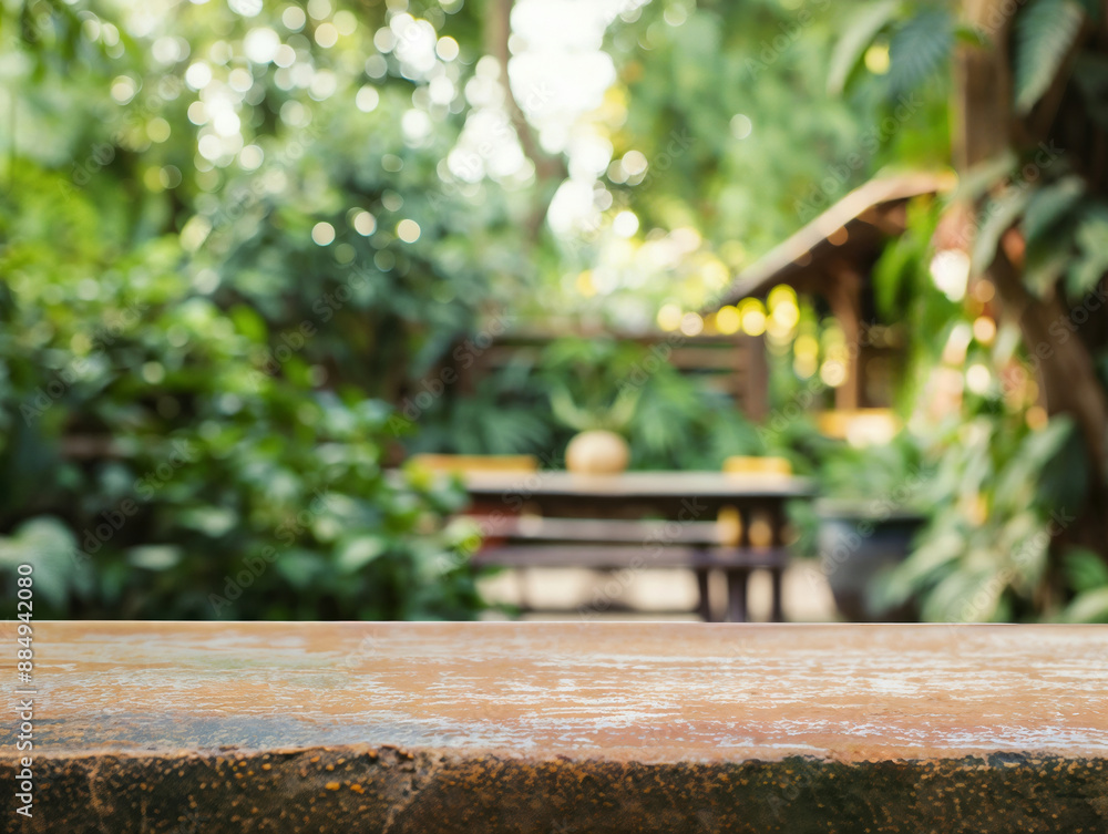 Empty rustic stone table top showcasing a tranquil view of outdoor furniture in a lush garden setting Empty rustic stone table top showcasing a tranquil view of outdoor furniture in a lush garden setting