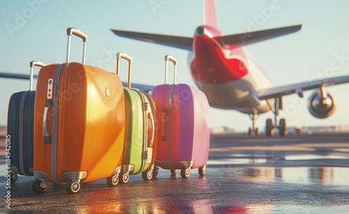 Brightly colored luggage on an airport tarmac with an airplane in the background. photo