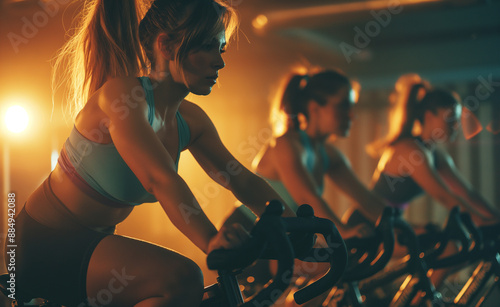 Group of women intensely focused on a spinning class workout in a dimly lit gym. photo