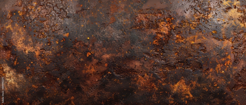 Panoramic close-up, high detail scan of dark rusty texture, Generative AI