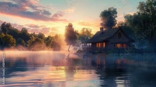 A serene lakeside cabin at dawn, with soft mist rising from the water and gentle light casting warm hues over the scene, rendered in a soothing watercolor style. © Sundas