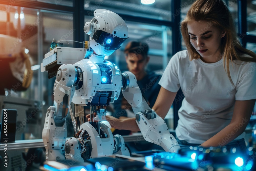 A startup team passionately working on an AI project with robotic components, illustrating tech innovation, collaboration, and future tech. A startup team passionately working on an AI project with robotic components, illustrating tech innovation, collaboration, and future tech.