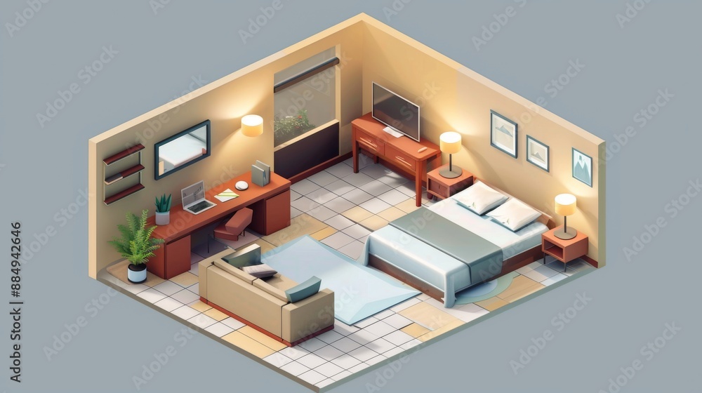 3D Isometric Room Interior Rendering. Virtual room tour, 3D rendering services, Isometric furniture layout. 3D Isometric Room Interior Rendering. Virtual room tour, 3D rendering services, Isometric furniture layout.