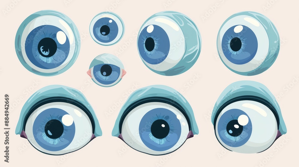 Cartoon toy eyes with safety wobbly design in flat vector style. Depicting toy parts and accessories for crafting and design projects. Cartoon toy eyes with safety wobbly design in flat vector style. Depicting toy parts and accessories for crafting and design projects.