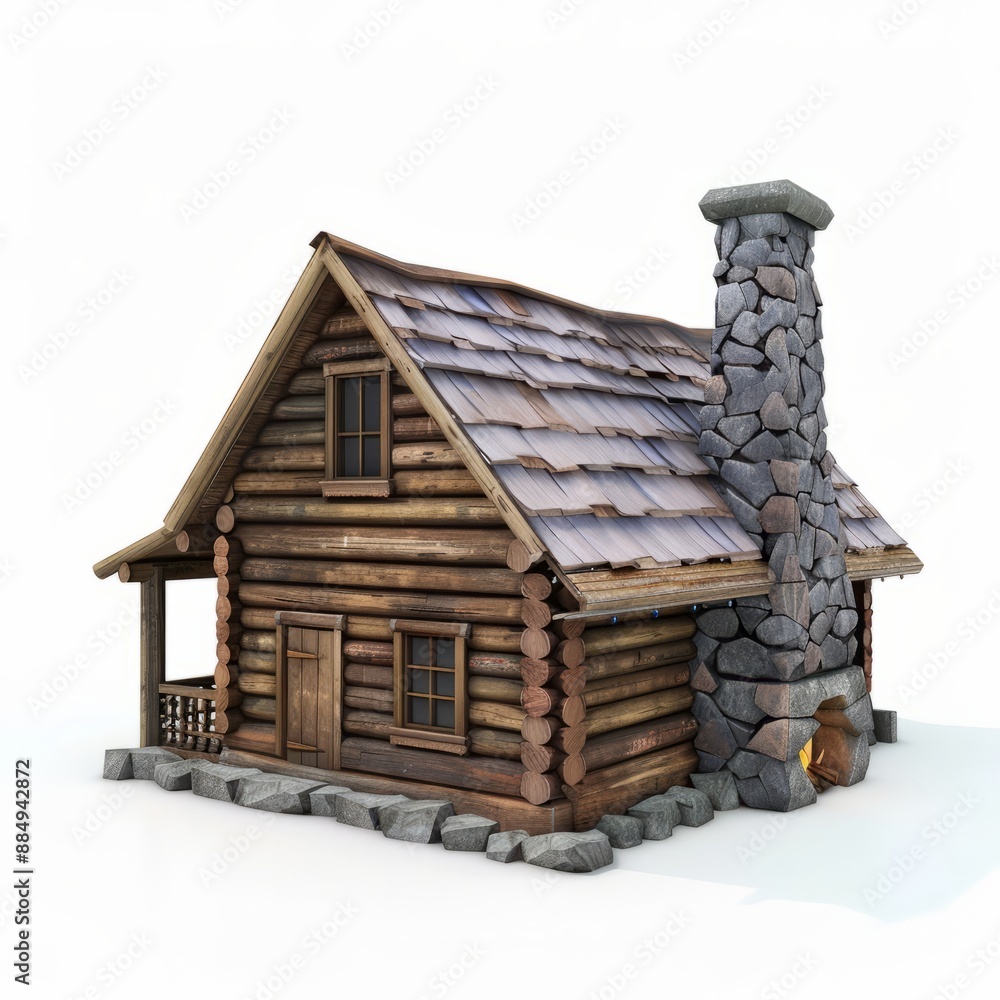3D Render, Low Poly style of pioneer log cabin with a stone chimney, on isolated white background, Generative AI 3D Render, Low Poly style of pioneer log cabin with a stone chimney, on isolated white background, Generative AI