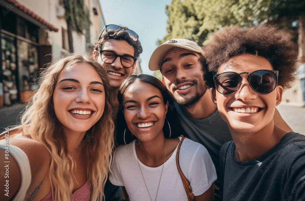 Group Of Friends Taking Selfie Outdoors In City Street With Smiling Faces And Sunny Weather Group Of Friends Taking Selfie Outdoors In City Street With Smiling Faces And Sunny Weather