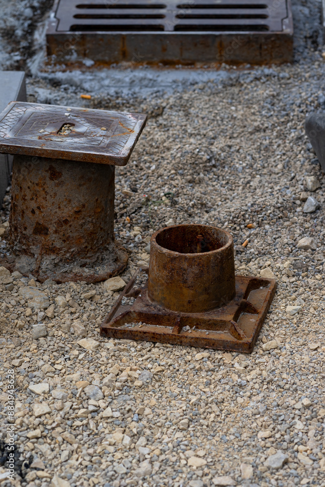Drains for water and rain at a road repair site Drains for water and rain at a road repair site