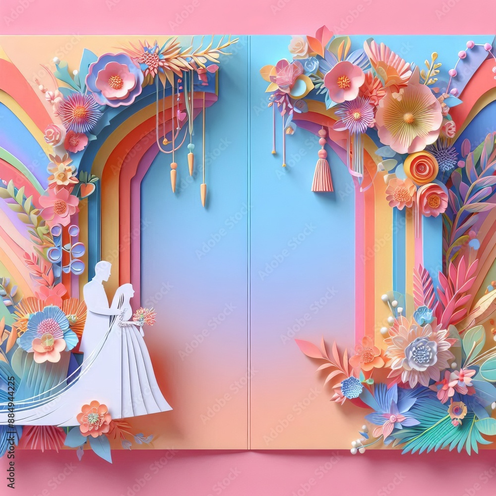 Obraz premium Colorful weeding or birthday invitation template with a festive frame of flowers and space for your party details