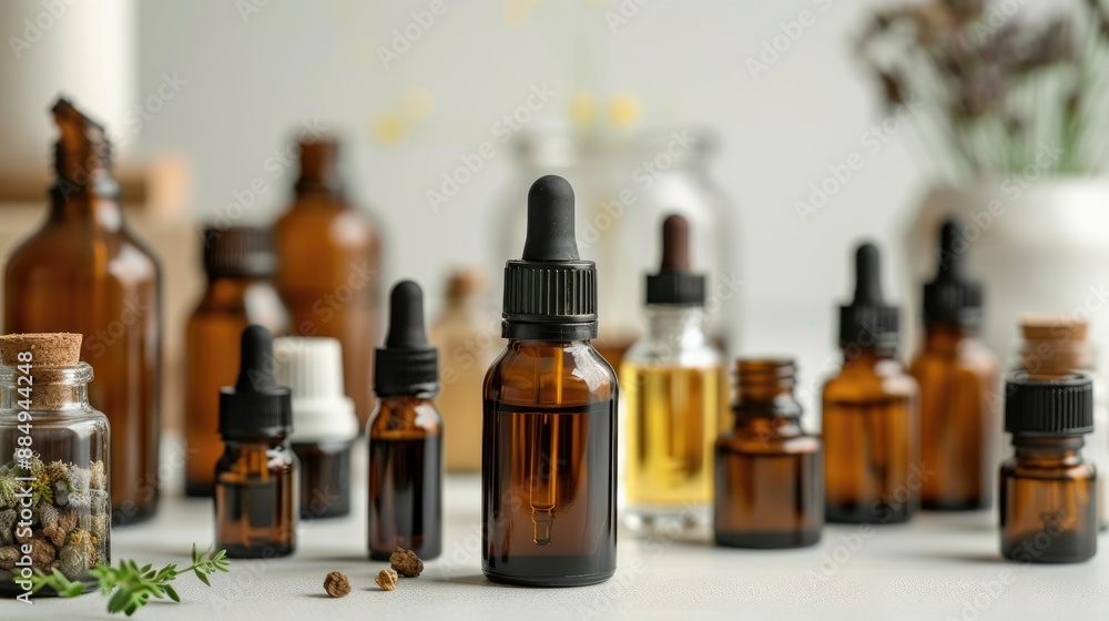 Essential oil bottles on white backdrop with glass dispenser Used for cosmetics aromatherapy or natural remedies Essential oil bottles on white backdrop with glass dispenser Used for cosmetics aromatherapy or natural remedies