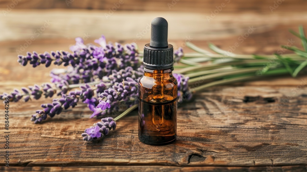 Essential oil bottle with lavender on wood surface Essential oil bottle with lavender on wood surface