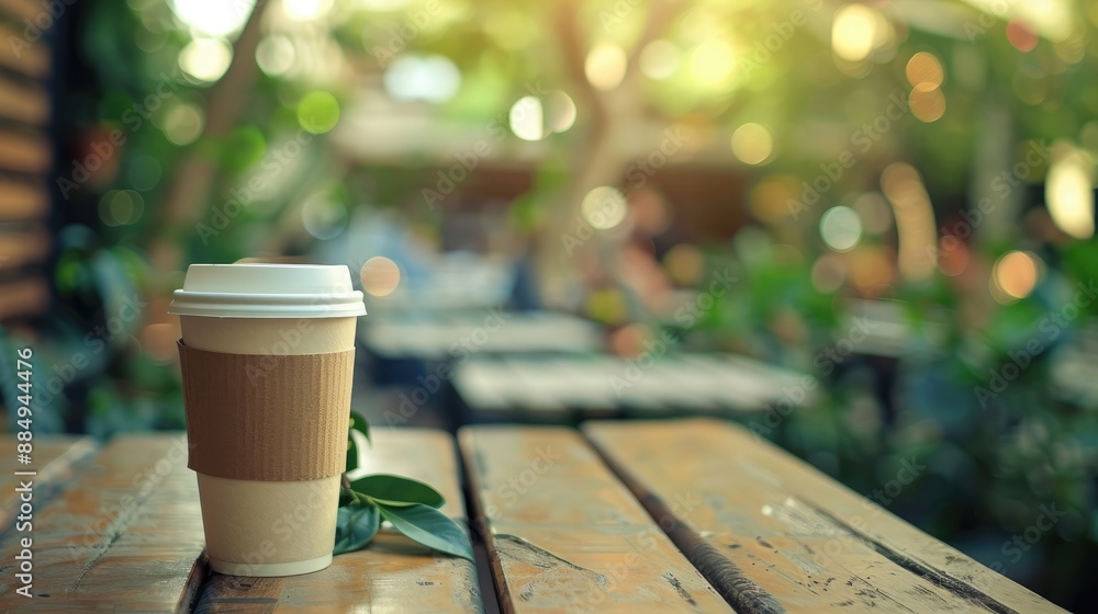 Empty take out coffee cup on wooden cafe table with vintage filter copy space for design Empty take out coffee cup on wooden cafe table with vintage filter copy space for design