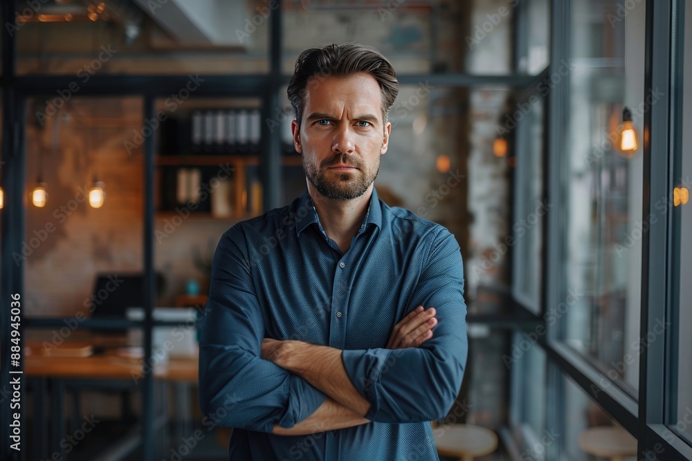 confident mature businessman standing with arms crossed and looking at camera in office confident mature businessman standing with arms crossed and looking at camera in office
