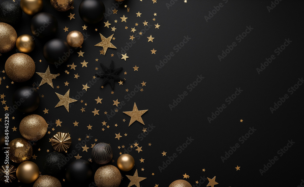 Black and gold holiday decorations with stars and baubles against a dark background. Black and gold holiday decorations with stars and baubles against a dark background.