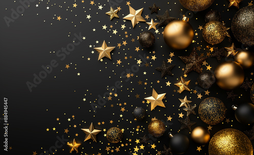 Black and gold holiday decorations with stars and baubles against a dark background. photo