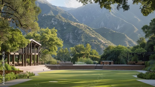 An outdoor amphitheater stage nestled in nature, hosting a Shakespearean play under the stars. photo