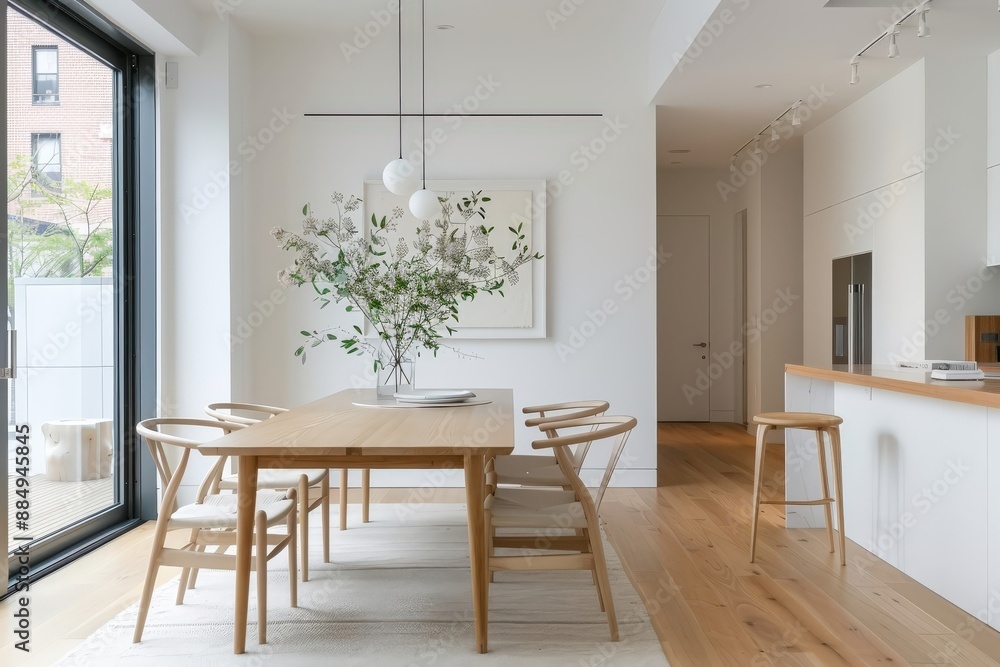 Fototapeta premium A minimalist dining room with iconic mid-century modern furniture and a statement lighting fixture.