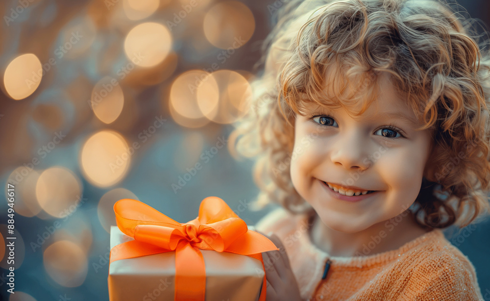 Smiling child holding a gift wrapped with an orange bow against a festive background. Smiling child holding a gift wrapped with an orange bow against a festive background.
