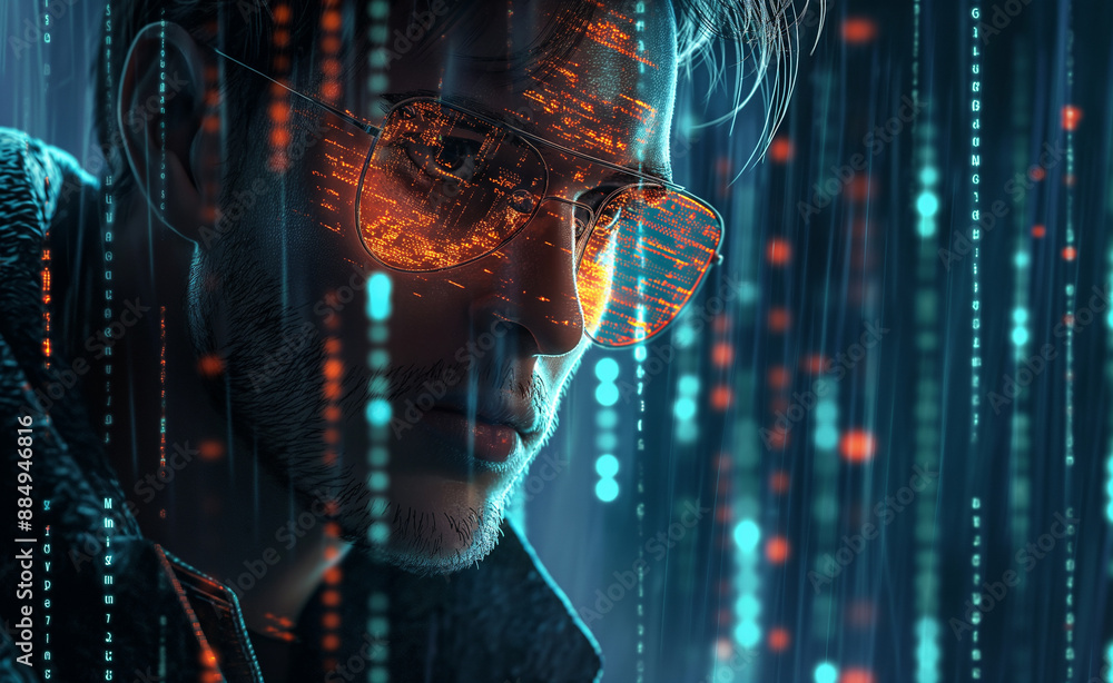 Man with neon data projections on his glasses in a cyberpunk atmosphere. Man with neon data projections on his glasses in a cyberpunk atmosphere.