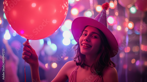 A photograph of a person celebrating, wearing a party hat, holding a floating red balloon, illuminated by vibrant pink and purple lighting