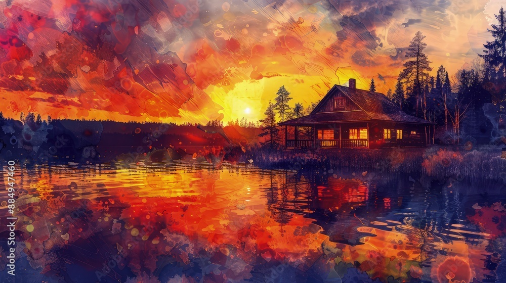 Fototapeta premium Rustic lakeside cabin glows warmly against a dramatic, fiery sunset reflected vividly upon calm water, perfect for atmospheric backgrounds.