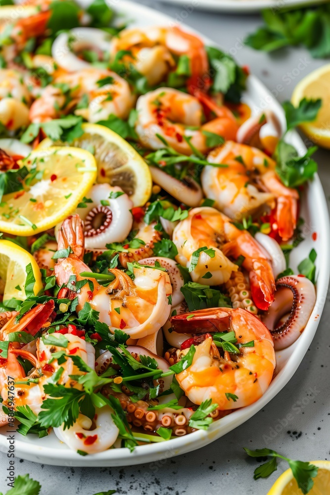 large platter filled with a mixed seafood salad including shrimp, squid, octopus, and lemon slices, garnished with fresh herbs large platter filled with a mixed seafood salad including shrimp, squid, octopus, and lemon slices, garnished with fresh herbs
