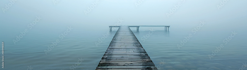 Fototapeta premium A minimalist summer pier stretching into calm waters, perfect for a peaceful and relaxing vacation destination.